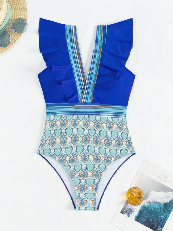 Flat lay of royal blue V-neck swimsuit