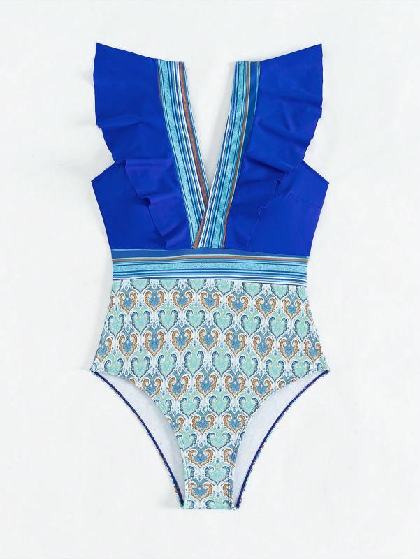 Royal blue swimsuit with ruffles and pattern