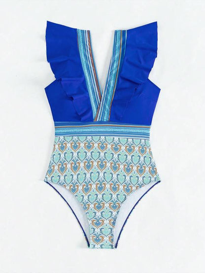 Royal blue swimsuit with ruffles and pattern