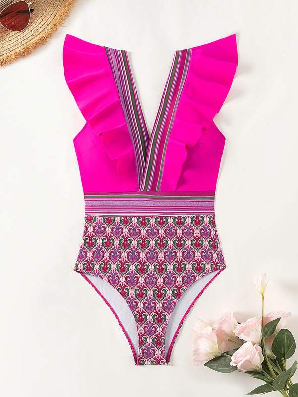 Pink swimsuit with ruffles and pattern