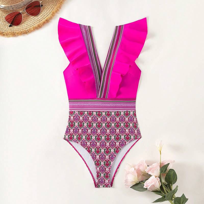 Flat lay of pink V-neck swimsuit