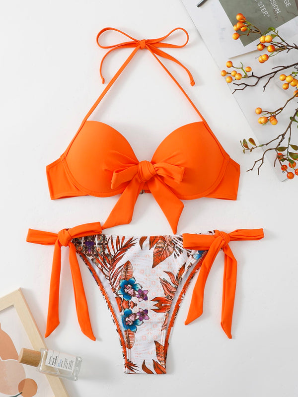 Orange two-tone printed bikini set with accessories