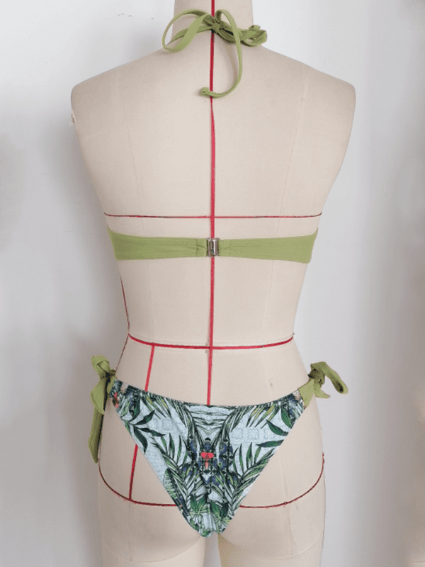 Back view of two-tone printed bikini on mannequin