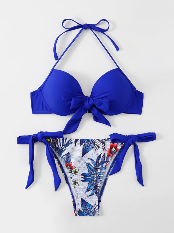 Blue two-tone printed bikini set