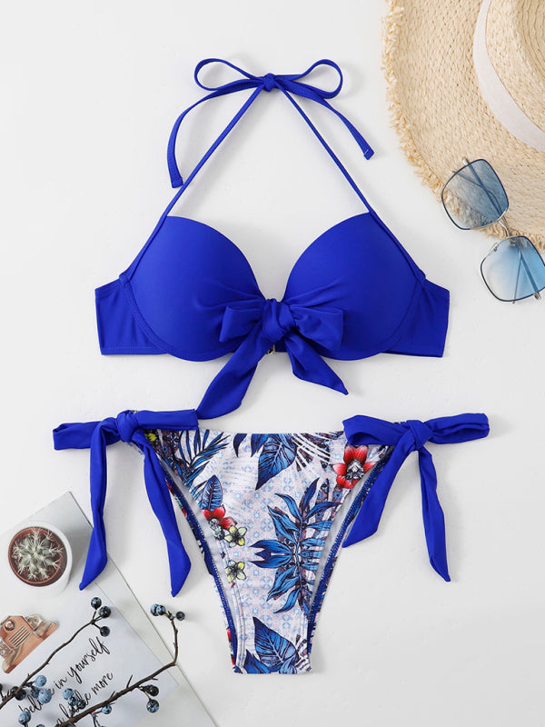 Blue two-tone printed bikini set with accessories