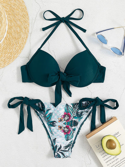 Teal two-tone printed bikini set with accessories