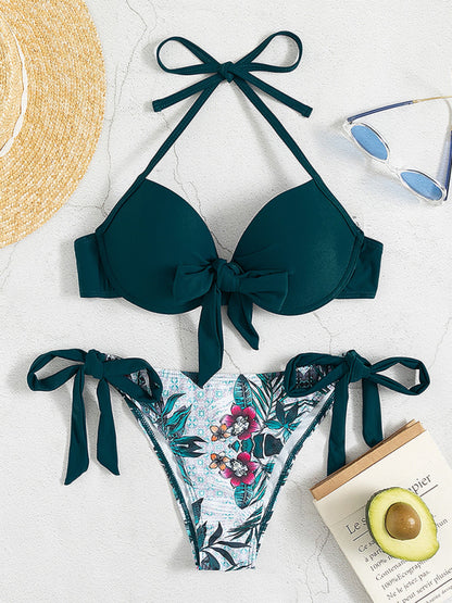 Teal two-tone printed bikini set with accessories