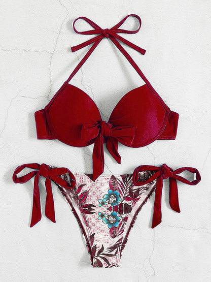 Red two-tone printed bikini set