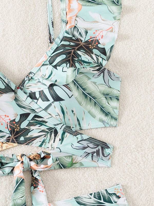 Close-up of floral print bikini top with tie detail