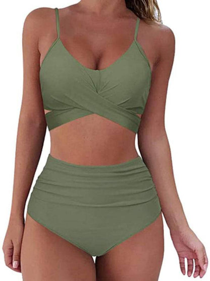 Olive green cross strap high waist bikini swimsuit