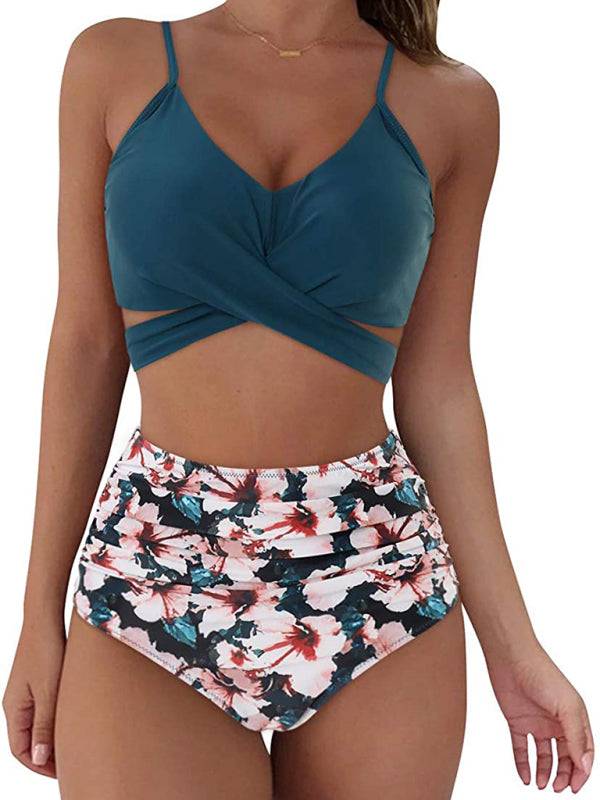 Teal and floral high waist bikini swimsuit