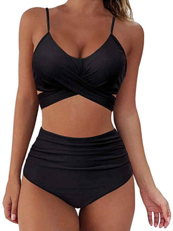 Black cross strap high waist bikini swimsuit