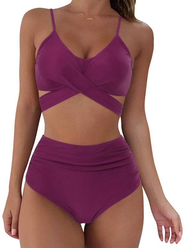 Purple cross strap high waist bikini swimsuit