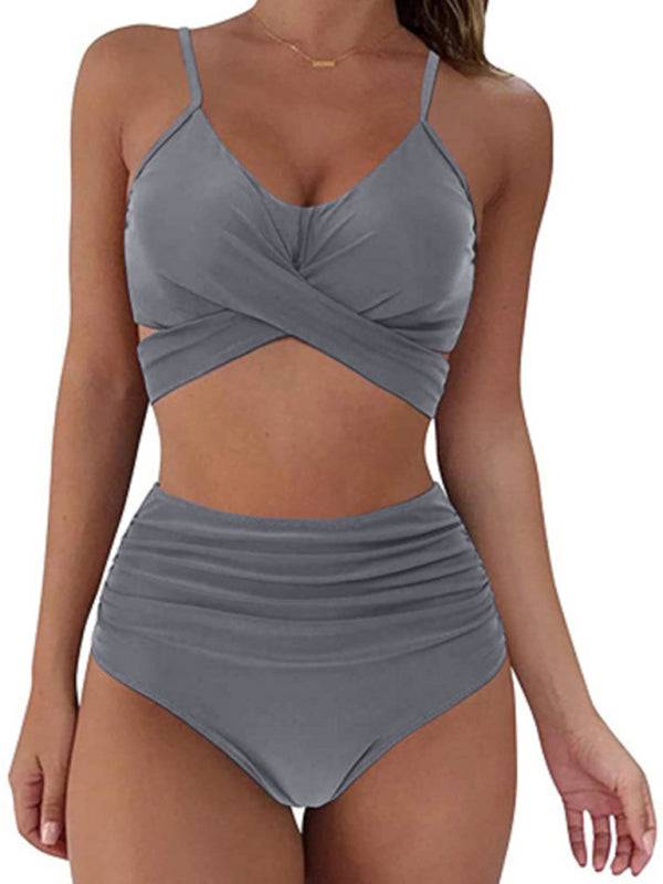 Gray cross strap high waist bikini swimsuit