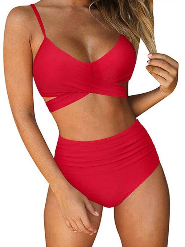 Red cross strap high waist bikini swimsuit