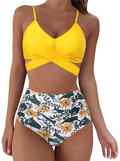 Yellow floral high waist bikini swimsuit