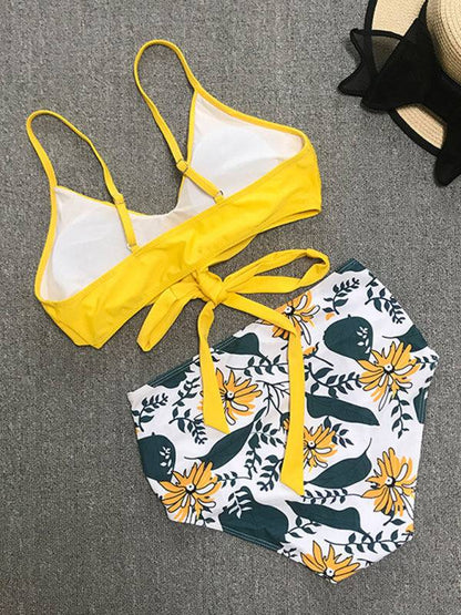 Yellow floral bikini set with cross strap top