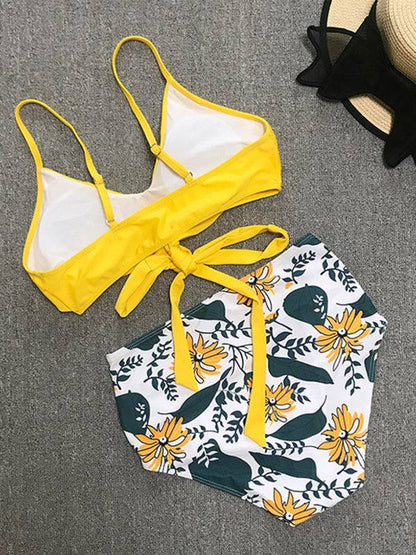 Yellow and floral two-piece bikini swimsuit