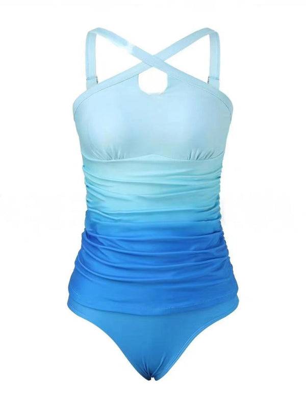 Blue gradient strapless swimsuit with cross straps