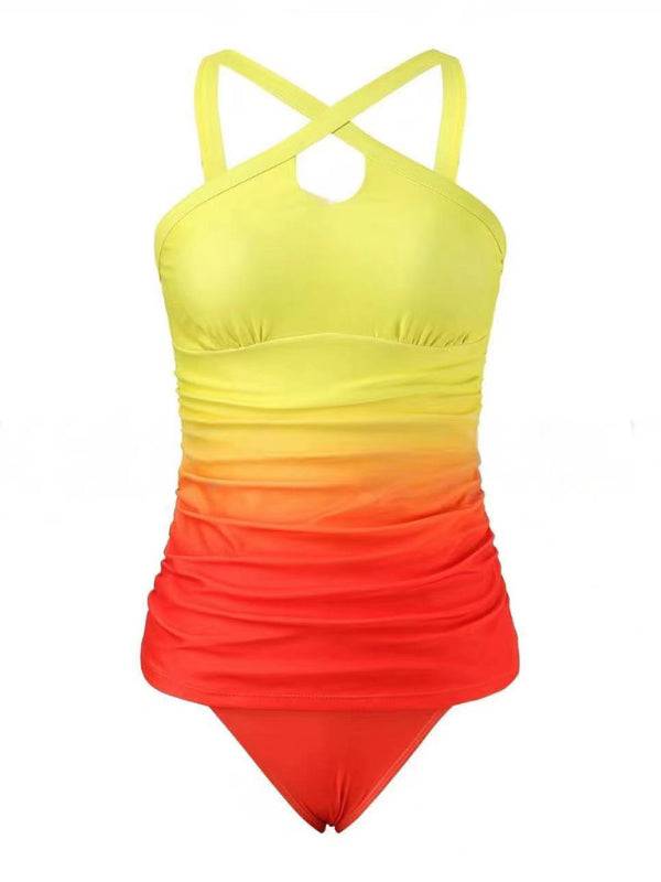 Yellow gradient strapless swimsuit with cross straps