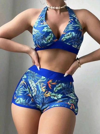 Blue splicing print halter neck high waist bikini