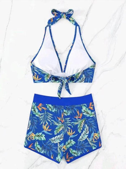 Blue print halter neck bikini set flat lay