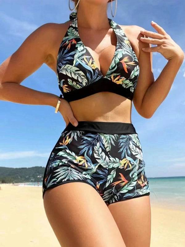 Black splicing print halter neck high waist bikini