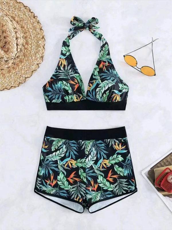 Black print halter neck bikini set with accessories