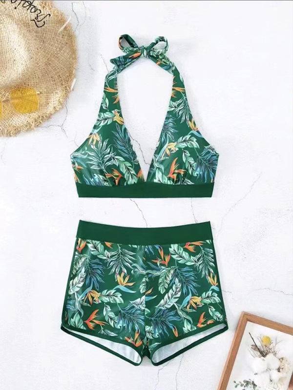 Green print halter neck bikini set with accessories