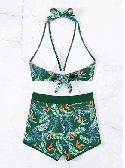 Green splicing print halter neck bikini set