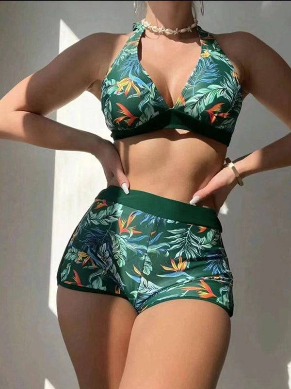 Green splicing print halter neck high waist bikini