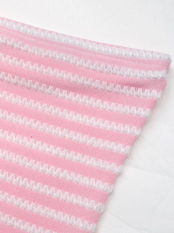 Close-up of pink striped sleeveless tube top fabric