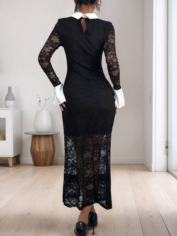 Back view of black lace dress with white collar