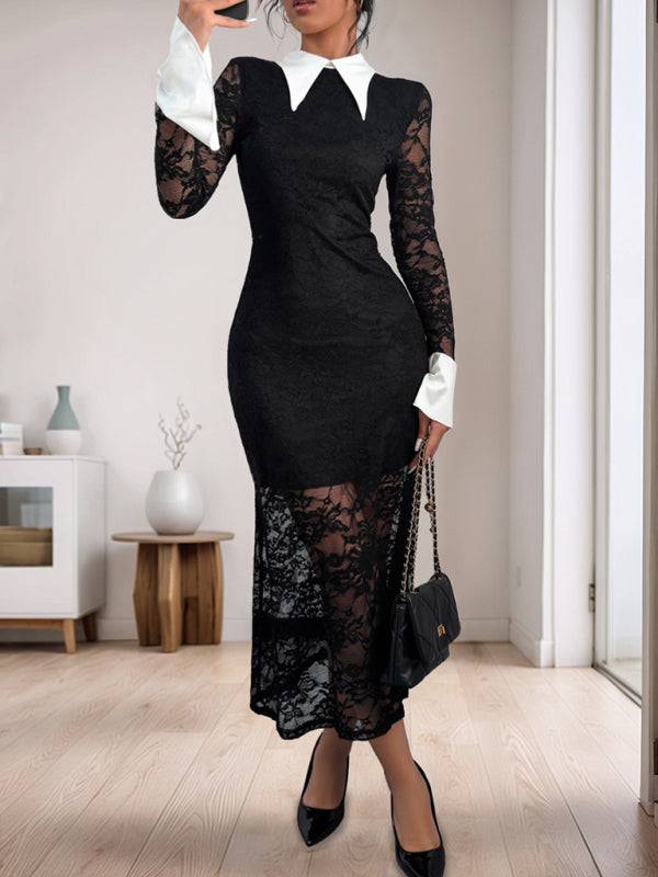 High-end black lace dress with contrast white accents