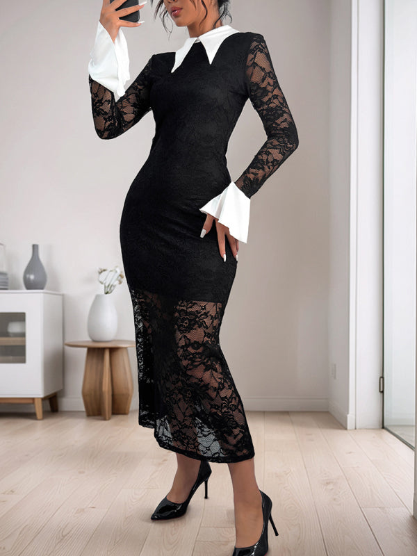 Elegant black lace dress with white collar and cuffs