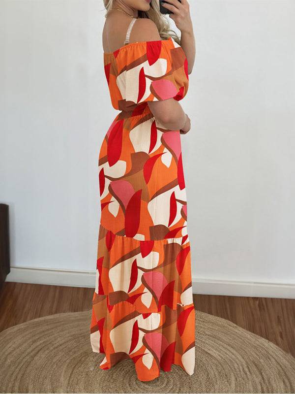 Side view of high waist one shoulder dress with bold patterns