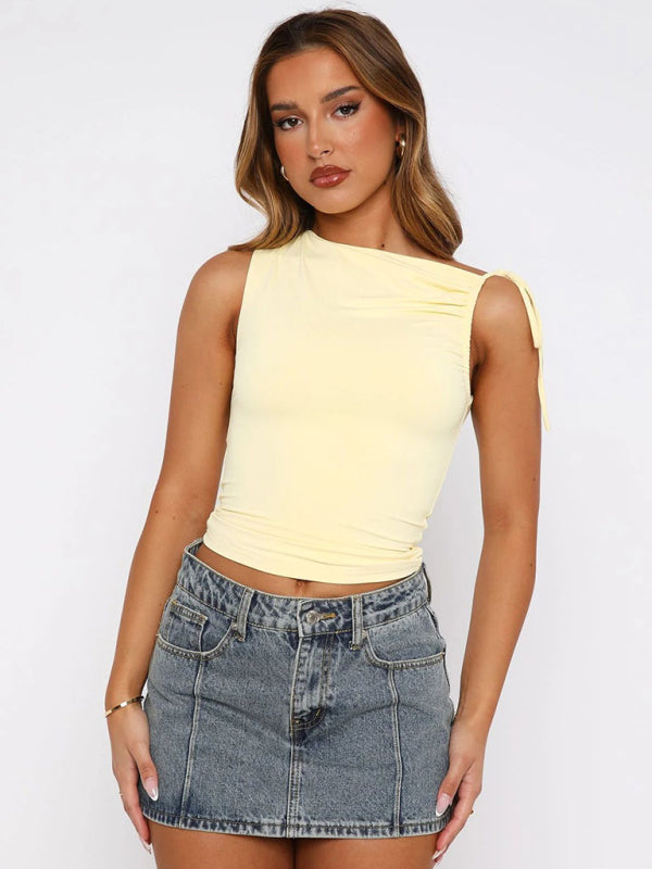 Y2K Sleeveless Drawstring Neck Top with Pleated Neckline