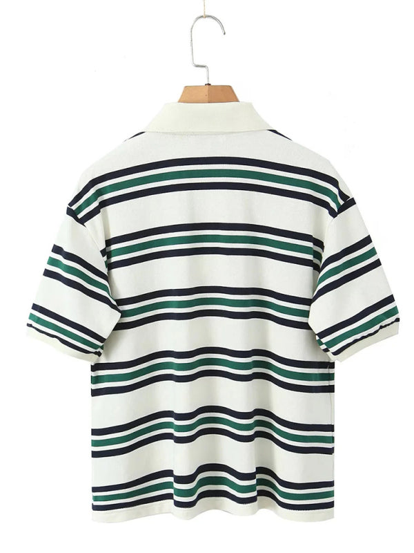 Retro sexy hot girl style contrast color striped short sleeve polo neck T-shirt