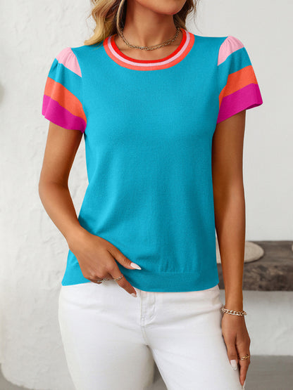 Round neck knitted top contrast color sweet short sleeve sweater