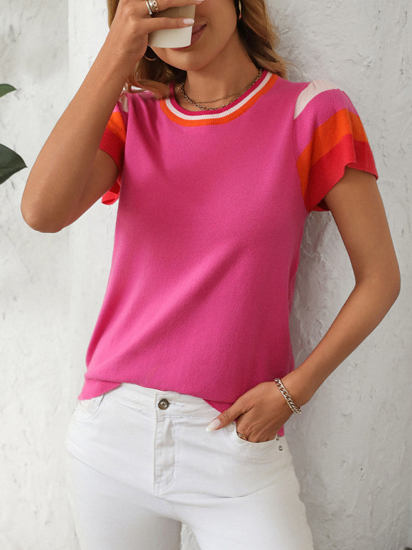 Round neck knitted top contrast color sweet short sleeve sweater