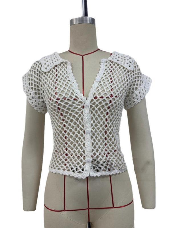 New style cardigan short sleeve loose lapel fashionable solid color hollow women&