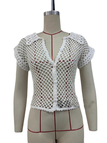 New style cardigan short sleeve loose lapel fashionable solid color hollow women&
