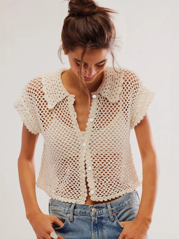 New style cardigan short sleeve loose lapel fashionable solid color hollow women&