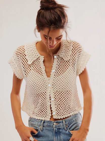 New style cardigan short sleeve loose lapel fashionable solid color hollow women&
