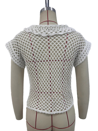 New style cardigan short sleeve loose lapel fashionable solid color hollow women&