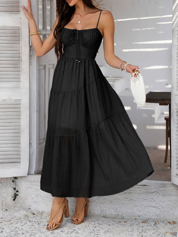 Holiday style solid color high waist suspender dress