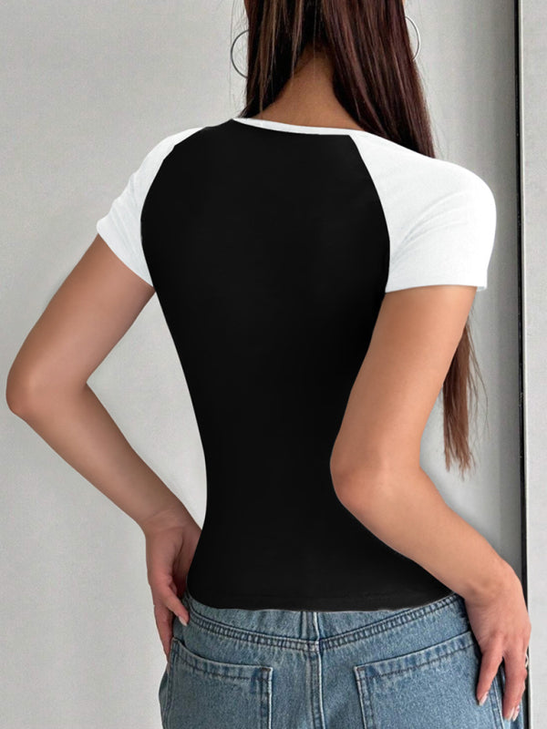 Y2K Sexy Slim Fit U-Neck Contrast Color Short Sleeve Top Women&