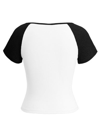 Y2K Sexy Slim Fit U-Neck Contrast Color Short Sleeve Top Women&