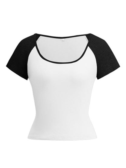 Y2K Sexy Slim Fit U-Neck Contrast Color Short Sleeve Top Women&