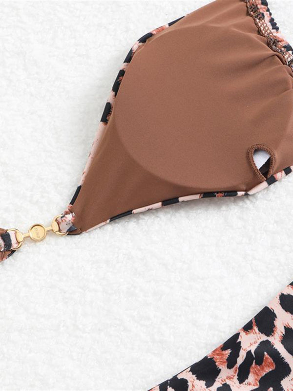 Three-point suspenders gathered leopard print sexy bikini